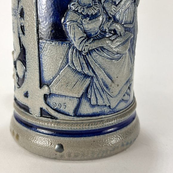 Vtg German Stein Beer Mug Cobalt Blue Grey Salt Glazed 16 oz Embossed Rustic 90s - Picture 10 of 13